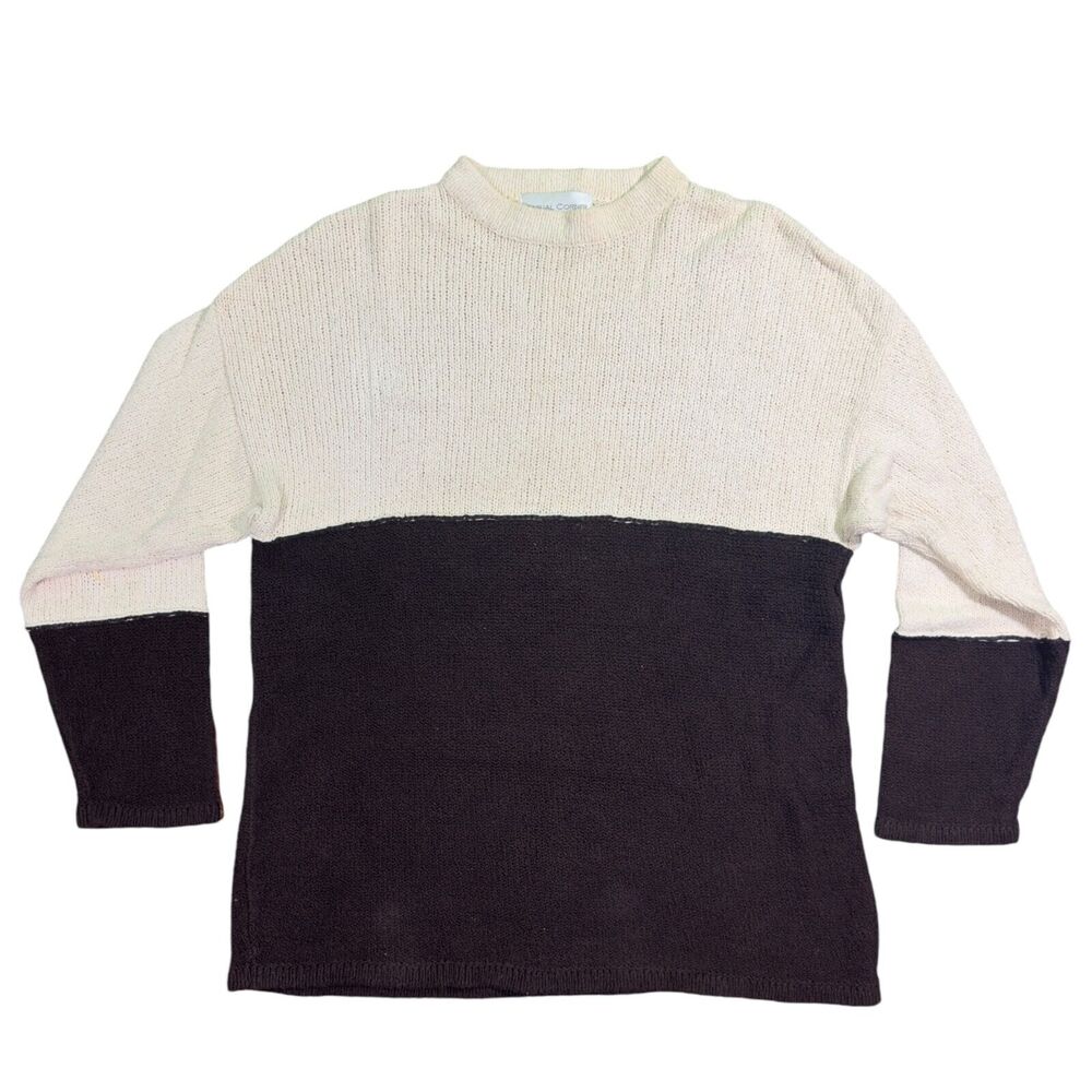 Casual Corner Sweater Women's Medium Ivory Black Knit 100% Cotton Crew Pullover